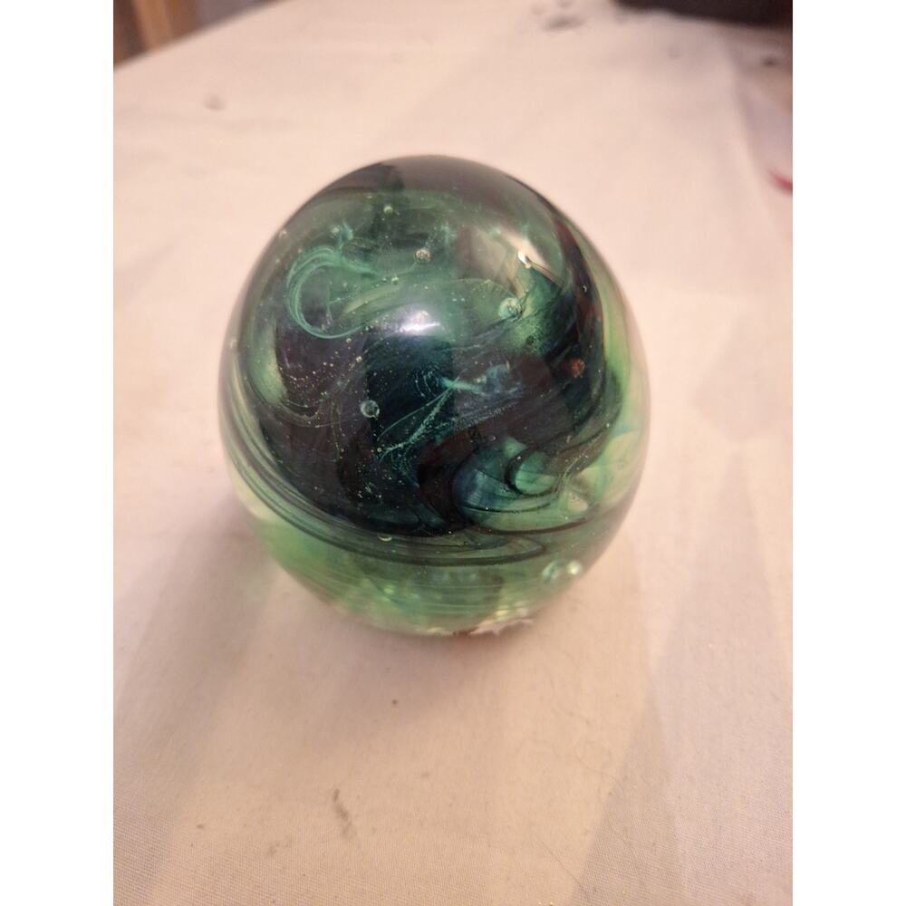 Vintage Kerry Glass Paper Weight Green Swirl Ireland Handmade 3”